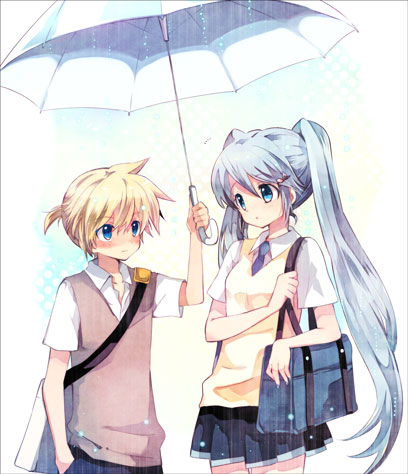 hara yui, hatsune miku, kagamine len, vocaloid, lowres, holding, holding umbrella, long hair, school uniform, skirt, sweater vest, twintails, umbrella, very long hair