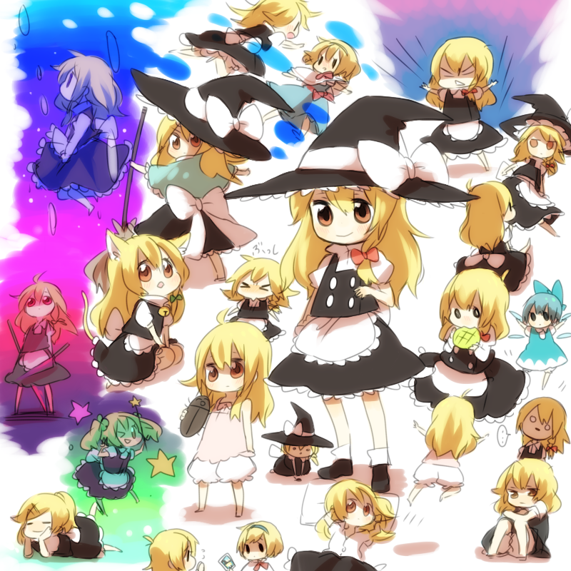 gomimushi, alice margatroid, cirno, kirisame marisa, touhou, bad id, bad pixiv id, > <, 3girls, aged down, animal ears, blonde hair, bloomers, braid, bread, cat ears, child, closed eyes, food, hat, melon bread, multiple girls, o o, ribbon, star (symbol), underwear, wand, witch, witch hat