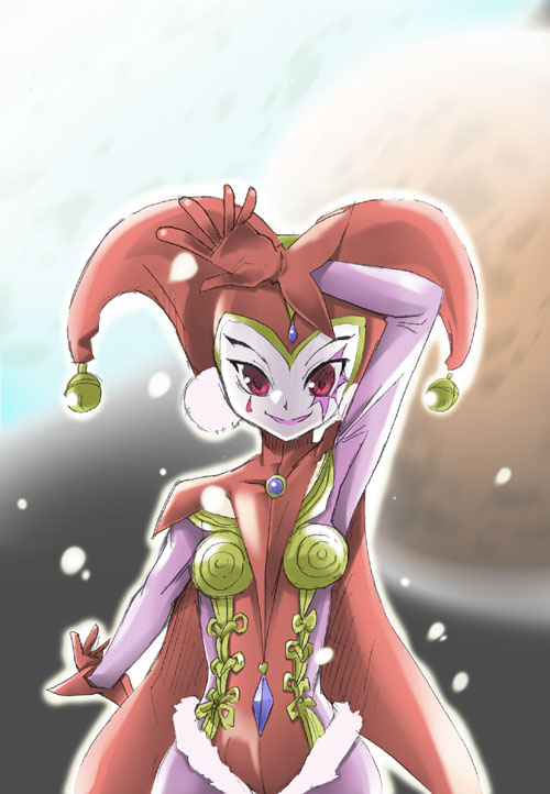 chicago-x, harle (chrono cross), chrono (series), chrono cross, tagme, 1girl, bell, clown girl, facepaint, gloves, harlequin, hat, jester cap, red eyes