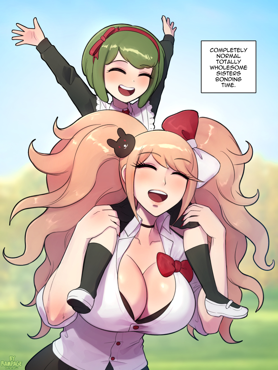 rampage (leedash2), enoshima junko, towa monaca, danganronpa: trigger happy havoc, danganronpa (series), danganronpa another episode: ultra despair girls, commentary, english commentary, highres, 2girls, :d, arms up, black bra, black skirt, blush, bow, bra, breasts, cleavage, dress, english text, green eyes, green hair, hair ornament, hair ribbon, hairband, happy, large breasts, long hair, long sleeves, multiple girls, open mouth, rabbit hair ornament, red ribbon, ribbon, shirt, short hair, skirt, smile, teeth, twintails, underwear, upper teeth only, white shirt