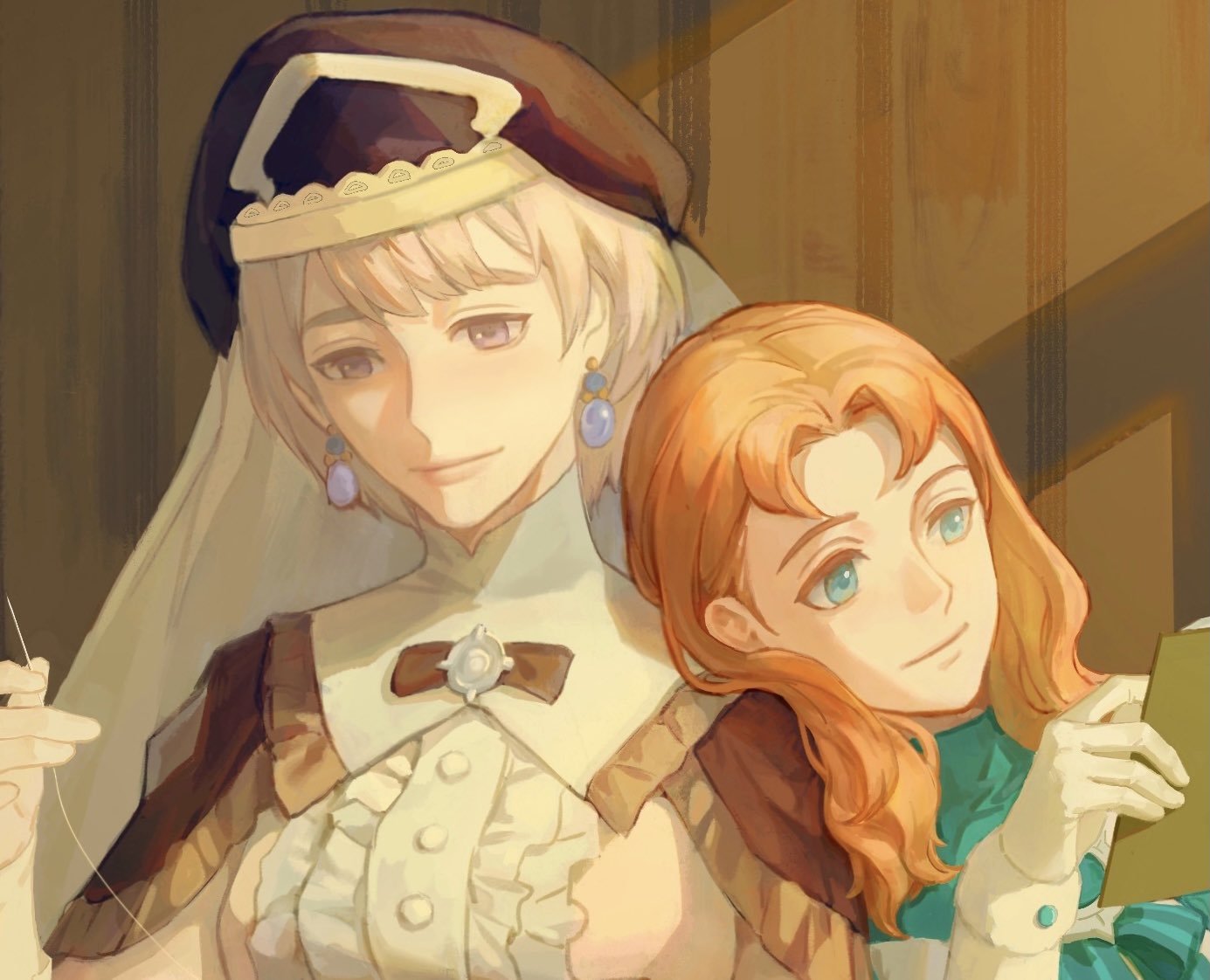 annette fantine dominic, annette fantine dominic (timeskip), mercedes von martritz, mercedes von martritz (timeskip), fire emblem, fire emblem: three houses, nintendo, commentary request, cropped, 2girls, blonde hair, blue eyes, book, breasts, closed mouth, earrings, hat, head on another's shoulder, holding, holding book, indoors, jewelry, knitting, knitting needle, long sleeves, medium breasts, multiple girls, needle, orange hair, short hair, smile, sxi7