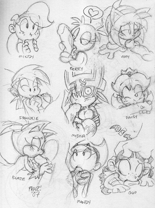 praiz, amy rose, blaze the cat, frankie foster, mandy, midna, mindy, princess daisy, foster's home for imaginary friends, sonic (series), super mario bros. 1, the grim adventures of billy & mandy, the legend of zelda, hand on head, berry, deepthroat, fellatio, monochrome, oral, paizuri, smile, uncensored