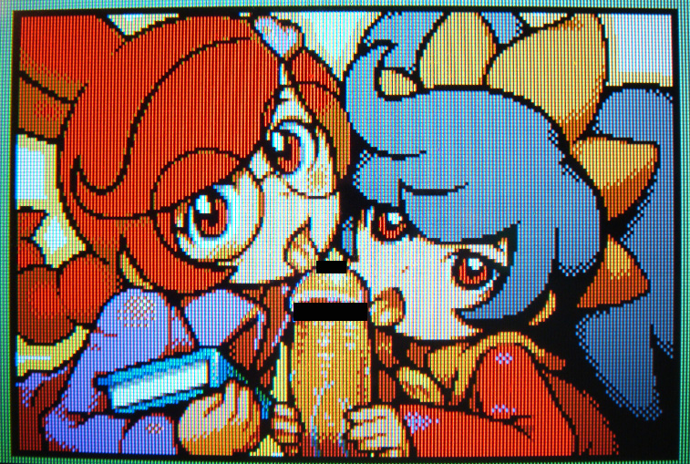 nozo, nozo (abikoshi), ashley (warioware), penny crygor, nintendo, warioware, warioware d.i.y. showcase, warioware diy, orange neckwear, bad id, bad pixiv id, inactive account, 00s, 1boy, 2girls, bar censor, big hair, black-framed eyewear, black hair, blush, book, braid, braided ponytail, brown eyes, censored, coat, cooperative fellatio, dithering, dress, eyelashes, facing viewer, fake screenshot, fellatio, ffm threesome, glasses, group sex, hair between eyes, hair ornament, hairband, hairclip, hetero, licking, licking penis, loli, long hair, long sleeves, looking at viewer, multiple girls, oral, orange hair, orange hairband, penis, penis grab, penis on face, pixel art, ponytail, pov, purple coat, red dress, red eyes, red hair, round eyewear, sailor collar, sleeves past wrists, teamwork, teamwork (sexual), threesome, tongue, tongue out, twintails, veins, veiny penis, yellow sailor collar