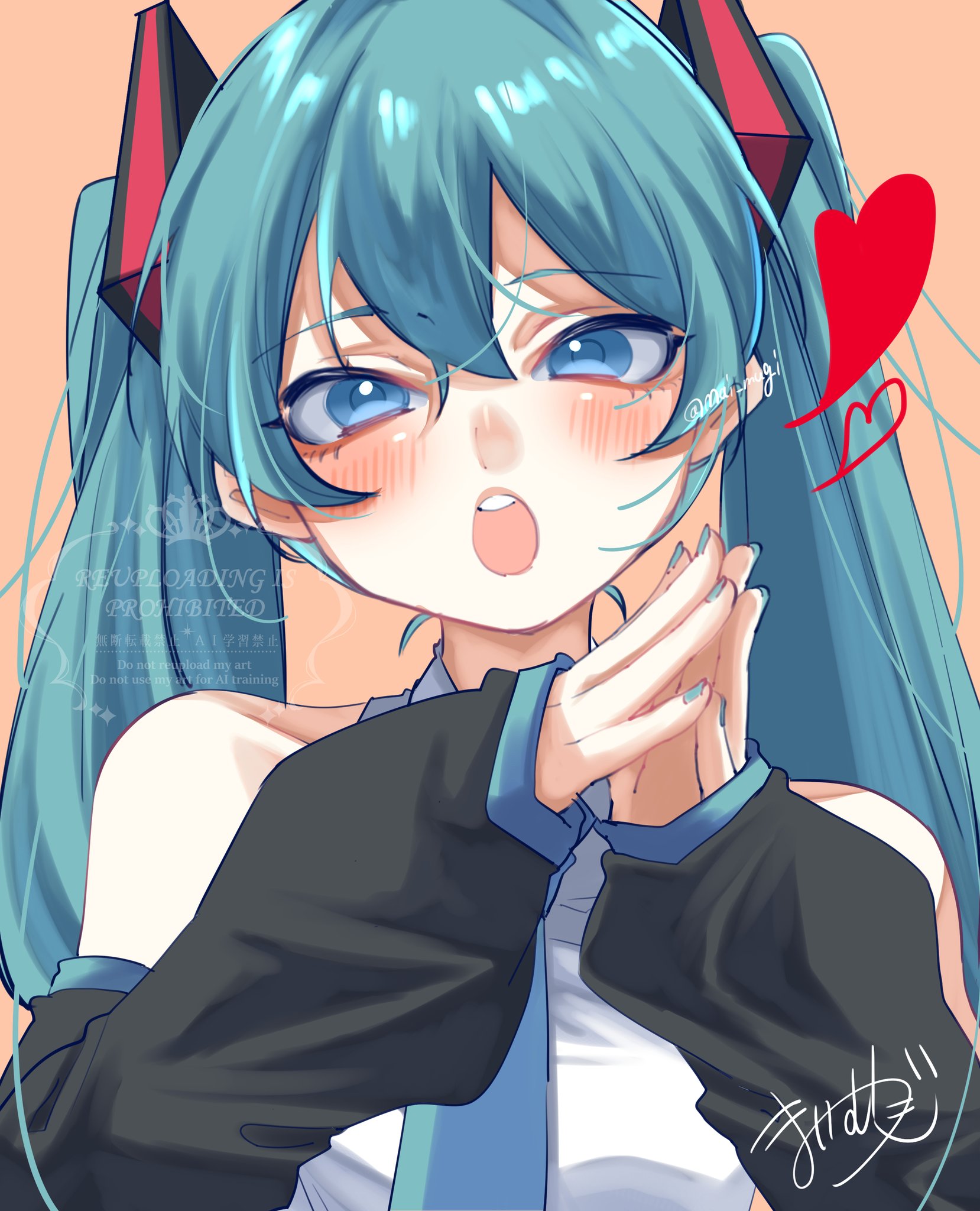 mai mugi, hatsune miku, vocaloid, commentary request, highres, 1girl, black sleeves, blue eyes, blue hair, blue nails, blue necktie, blush, collarbone, collared shirt, detached sleeves, fingernails, hair between eyes, hair ornament, heart, heart hands, long hair, long sleeves, looking at viewer, nail polish, necktie, open mouth, pink background, shirt, sleeveless, sleeveless shirt, smile, solo, twintails, twitter username, upper body, very long hair, watermark, white shirt