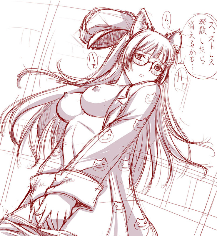 kakogawa tarou, hanekawa tsubasa, bakemonogatari, monogatari (series), nekomonogatari, translated, 00s, 10s, 1girl, animal ears, breasts, cat ears, female focus, female masturbation, glasses, masturbation, monochrome, nipples, solo