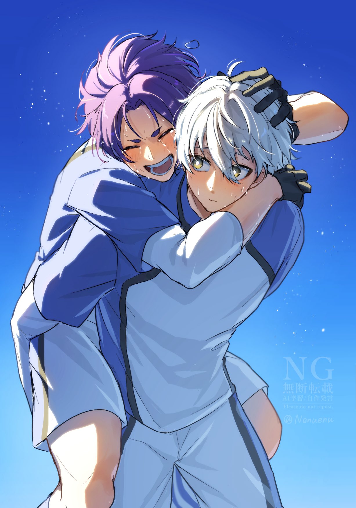 enudesuga, mikage reo, nagi seishirou, blue lock, commentary request, highres, 2boys, arm around neck, black gloves, blush, carrying, closed eyes, closed mouth, gloves, hand on another's head, layered sleeves, long sleeves, looking to the side, male focus, multiple boys, open mouth, parted hair, piggyback, purple hair, shirt, short over long sleeves, short sleeves, shorts, sideways glance, smile, soccer uniform, sportswear, standing, sweat, teeth, white hair