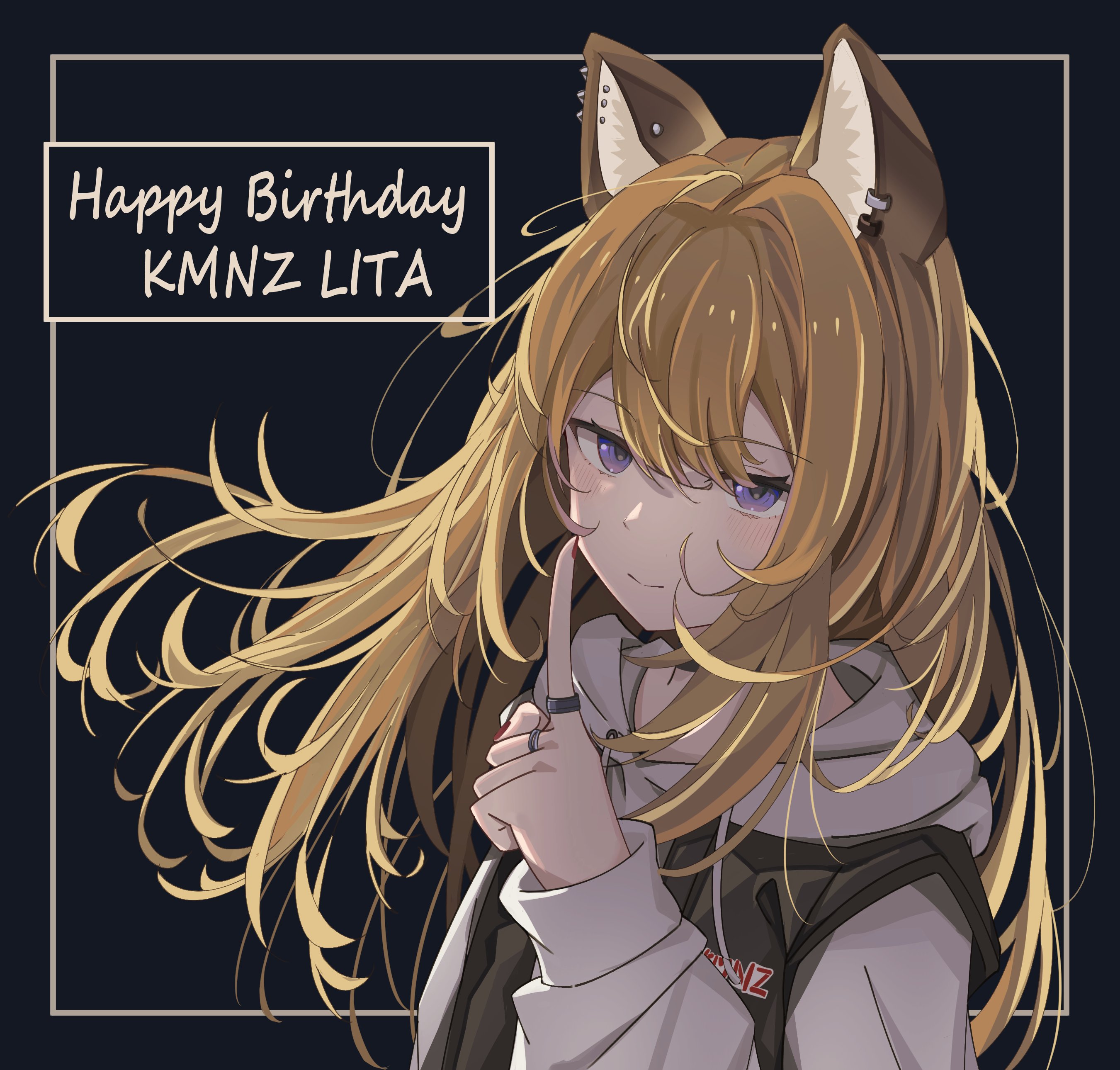 no name ver1, lita (kmnz), kmnz, absurdres, hashtag-only commentary, highres, 1girl, animal ear piercing, animal ears, black background, black jacket, blonde hair, character name, closed mouth, dog ears, dog girl, double-parted bangs, grey hoodie, hair between eyes, hand up, happy birthday, hood, hood down, hoodie, index finger raised, inset border, jacket, jewelry, long hair, long sleeves, looking at viewer, multiple rings, purple eyes, ring, smile, solo, upper body, virtual youtuber