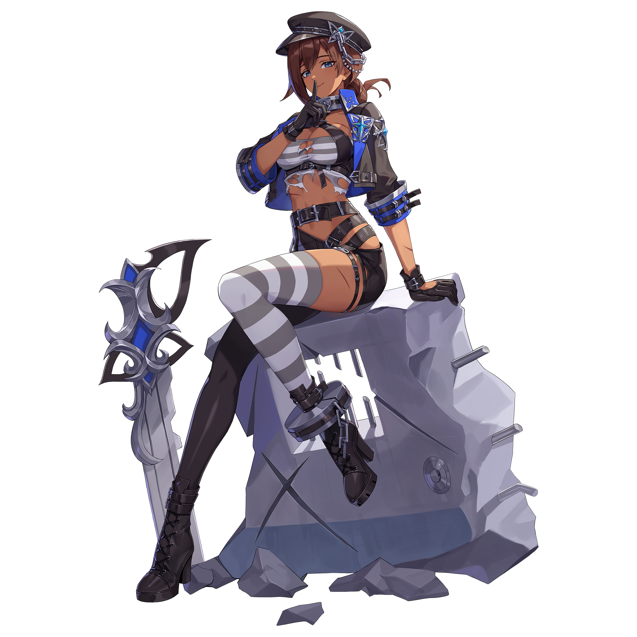 cathy huggins, black survival, eternal return: black survival, artist request, highres, official art, third-party source, 1girl, blue eyes, boots, breasts, brown hair, cleavage, cuffs, finger to mouth, fingerless gloves, gloves, hat, high heel boots, high heels, navel, rubble, scar, scar on arm, scar on leg, shackles, sitting, solo, torn clothes, transparent background, weapon