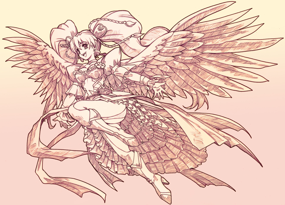 hisahiko, cure angel, cure peach, cure peach (angel), momozono love, fresh precure!, precure, 00s, 1girl, boots, female focus, gradient background, hair ornament, heart, heart hair ornament, knee boots, long hair, magical girl, monochrome, pink background, pink theme, solo, twintails, very long hair, wings, yellow background