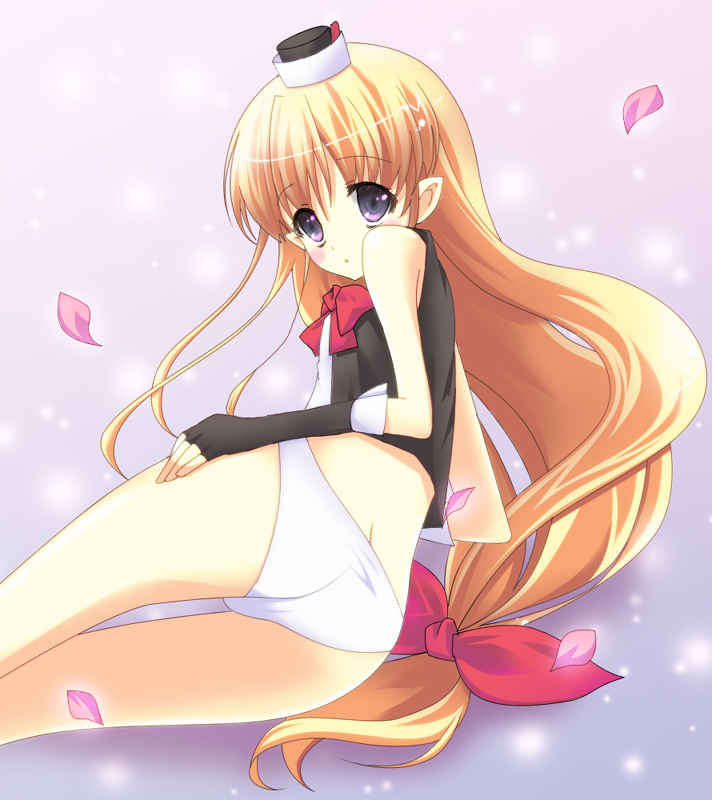 tsukiji, lisa (seiken no blacksmith), seiken no blacksmith, bad id, bad pixiv id, 00s, 1girl, blonde hair, female focus, fingerless gloves, flat chest, gloves, gradient background, long hair, panties, pointy ears, purple eyes, solo, underwear