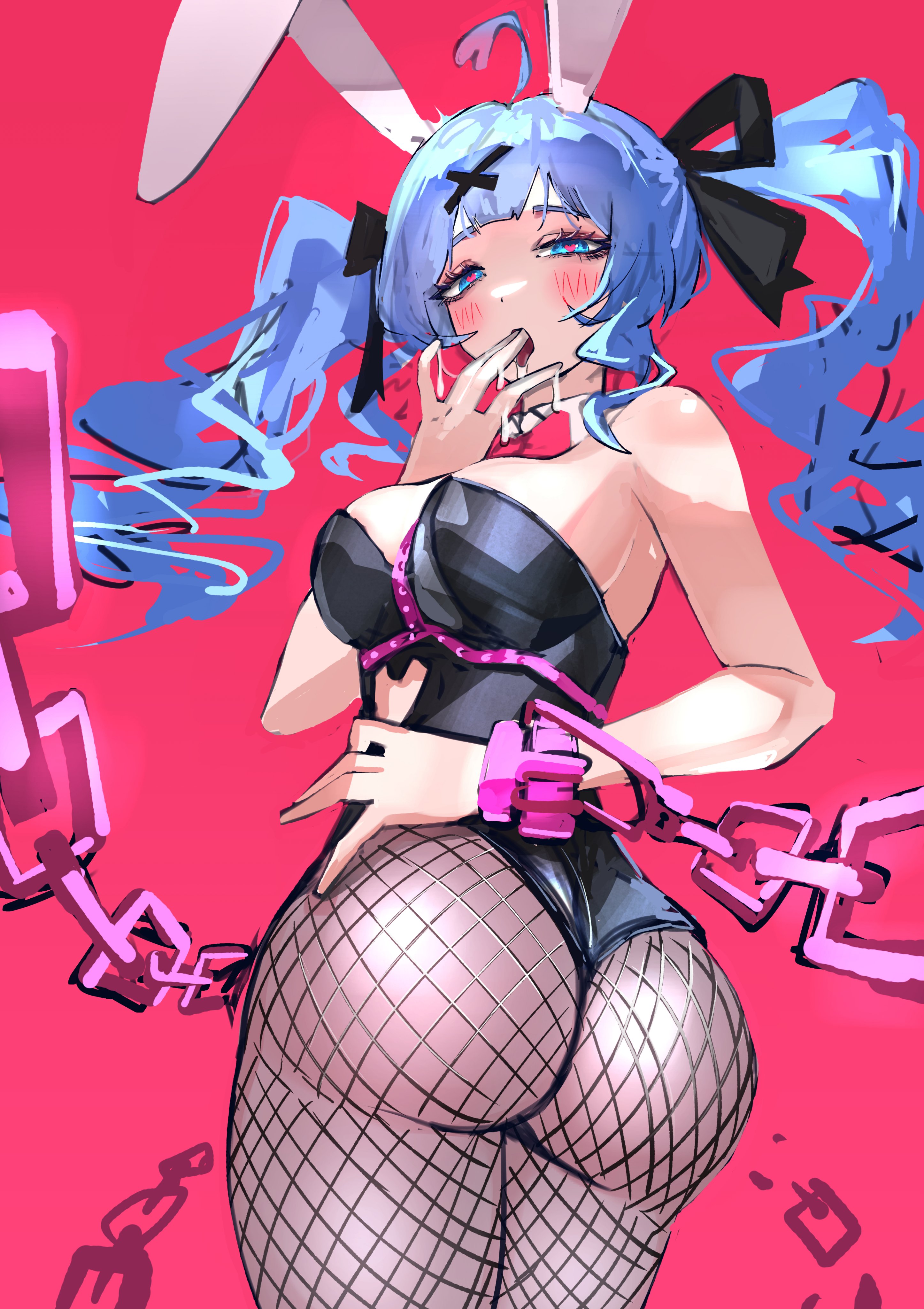 chumji, hatsune miku, rabbit hole (vocaloid), absurdres, hashtag-only commentary, highres, 1girl, animal ears, ass, blue eyes, blue hair, blush, bow, bowtie, breasts, chain, clothing cutout, cowboy shot, cutout above navel, drooling, fishnets, hair ornament, hair ribbon, hand in mouth, heart, heart-shaped pupils, heart cutout, large breasts, long hair, open mouth, playboy bunny, rabbit ears, red background, red bow, red bowtie, ribbon, saliva, solo, strapless, symbol-shaped pupils