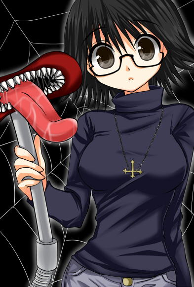 asahana jun, shizuku murasaki, hunter x hunter, 1girl, black eyes, black hair, breasts, denim, female focus, jeans, jewelry, necklace, pants, short hair, silk, solo, spider web, tongue, turtleneck