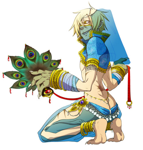 viral (ttgl), tengen toppa gurren lagann, 00s, 1boy, anklet, ass, barefoot, blonde hair, bracelet, butt crack, crossdressing, crossdressing (mtf), dancer, feet, hand fan, jewelry, lots of jewelry, male focus, sharp teeth, short hair, solo, teeth, veil