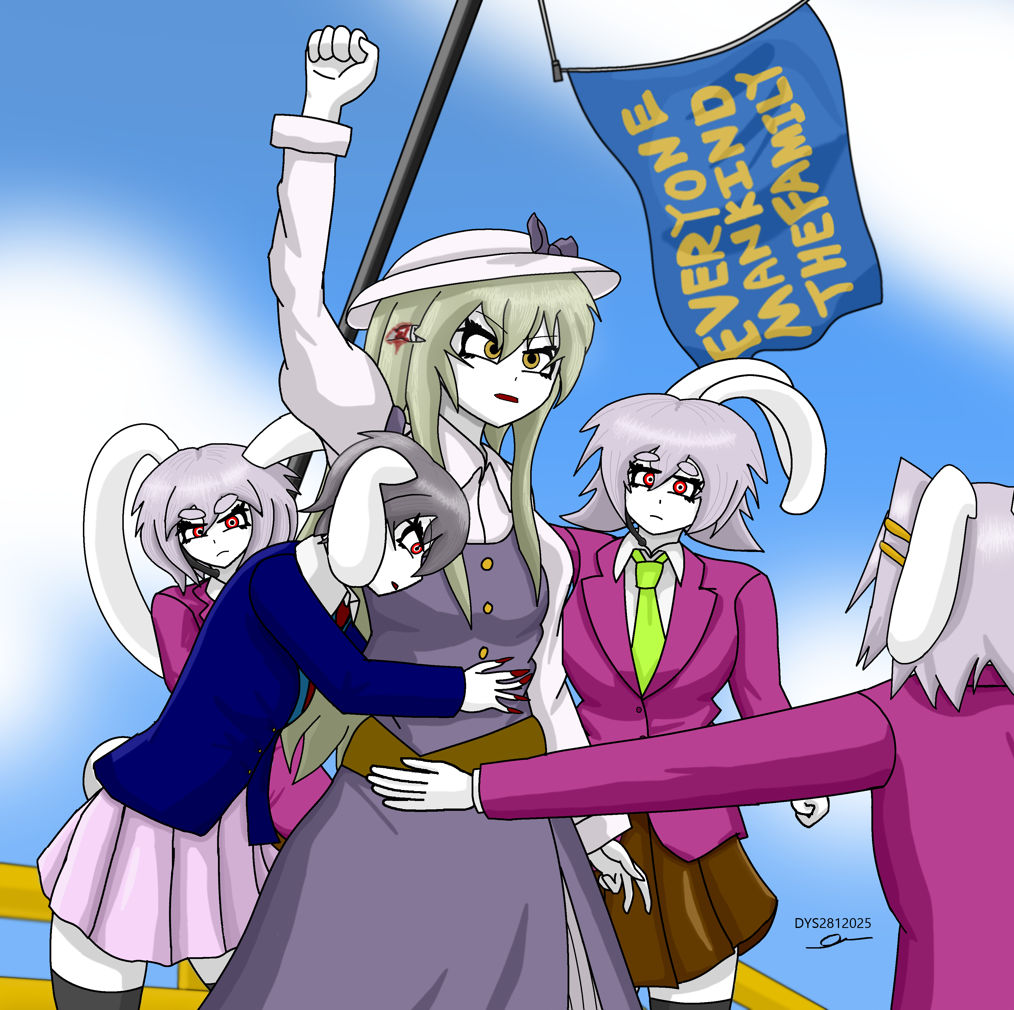 reisen (touhou bougetsushou), watatsuki no toyohime, koishi komeiji's heart-throbbing adventure, touhou, absurdres, commentary, english commentary, highres, 2024 attempted assassination of donald trump, 5girls, animal ears, artist name, belt, blonde hair, blood, blue bow, blue suit, bow, breasts, brown belt, buttons, dress, english text, formal clothes, grey hair, hair between eyes, hat, long hair, long sleeves, lunarian guard (female), mdcmp4, medium breasts, multiple girls, necktie, open mouth, parody, purple dress, purple suit, rabbit ears, raised fist, red eyes, shirt, short hair, skirt, style parody, suit, tail, very long hair, white hat, white shirt, yellow eyes, yellow necktie, yellow skirt