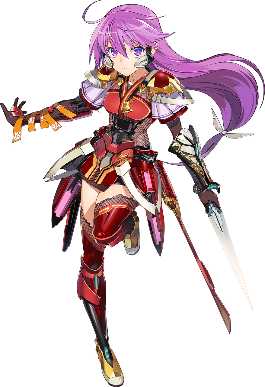 orion (orionproject), kentou kanami, choukou (alicesoft), choukou taisen escalation heroines, rance (series), highres, official art, 1girl, armor, breasts, dagger, holding, holding dagger, holding knife, holding weapon, japanese armor, japanese clothes, knife, leg up, long hair, looking at viewer, medium breasts, ninja, outstretched arm, pauldrons, purple eyes, purple hair, shoulder armor, solo, weapon