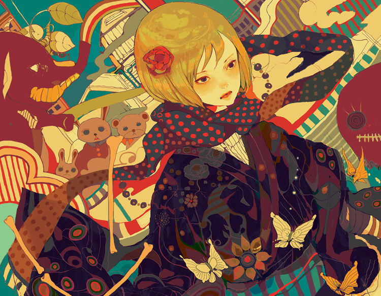 nogaru wako, 1girl, bear, bug, butterfly, elephant, female focus, flower, hair flower, hair ornament, japanese clothes, kimono, rabbit, scarf, solo, stuffed animal, stuffed toy