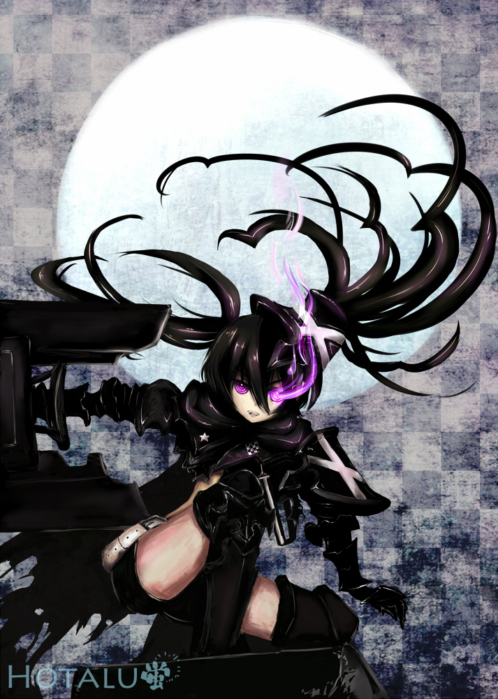 insane black rock shooter, black rock shooter, commentary request, armor, black hair, black shorts, fire, flaming eye, gauntlets, glowing, glowing eyes, greaves, hotaluw, huge weapon, long hair, moon, purple eyes, purple fire, rock cannon, shorts, star (symbol), stitches, twintails, uneven twintails, weapon