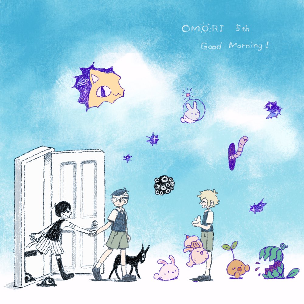 sun iiinu, basil (faraway) (omori), basil (omori), big yellow cat (omori), cupcake bunny (omori), dorothi (omori), forest bunny (omori), lili (omori), omori (omori), space bunny (omori), sprout mole, sunny (omori), omori, commentary, english commentary, spoilers, 3boys, antenna hair, bandaged arm, bandaged head, bandages, bandaid, bandaid on cheek, bandaid on face, bandaid on nose, black eyes, black hair, black shoes, black socks, black sweater vest, black tank top, blonde hair, bright pupils, brown shorts, closed eyes, closed mouth, collared shirt, colored skin, copyright name, door, dual persona, english text, eyepatch, green sweater vest, holding another's wrist, kneehighs, little one (omori), loafers, looking at another, male focus, medical eyepatch, multiple boys, open door, open mouth, shirt, shoes, short sleeves, shorts, sidelocks, smile, socks, striped clothes, striped shorts, sweater vest, tank top, vertical-striped clothes, vertical-striped shorts, watermimic (omori), white pupils, white shirt, white shorts, white skin, white socks, wormhole (omori)