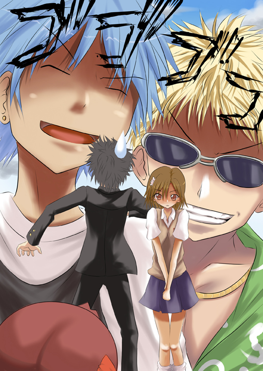 bloody moon, tada tsuki, aogami pierce, kamijou touma, misaka mikoto, tsuchimikado motoharu, toaru majutsu no index, 00s, 1girl, 3boys, earrings, jewelry, multiple boys, school uniform, shy, sunglasses