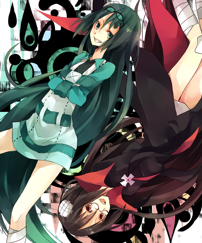 yuzuki karu, niounomiya izumu, niounomiya rizumu, zaregoto series, bad id, bad pixiv id, 2girls, bandages, glasses, long hair, multiple girls, straitjacket