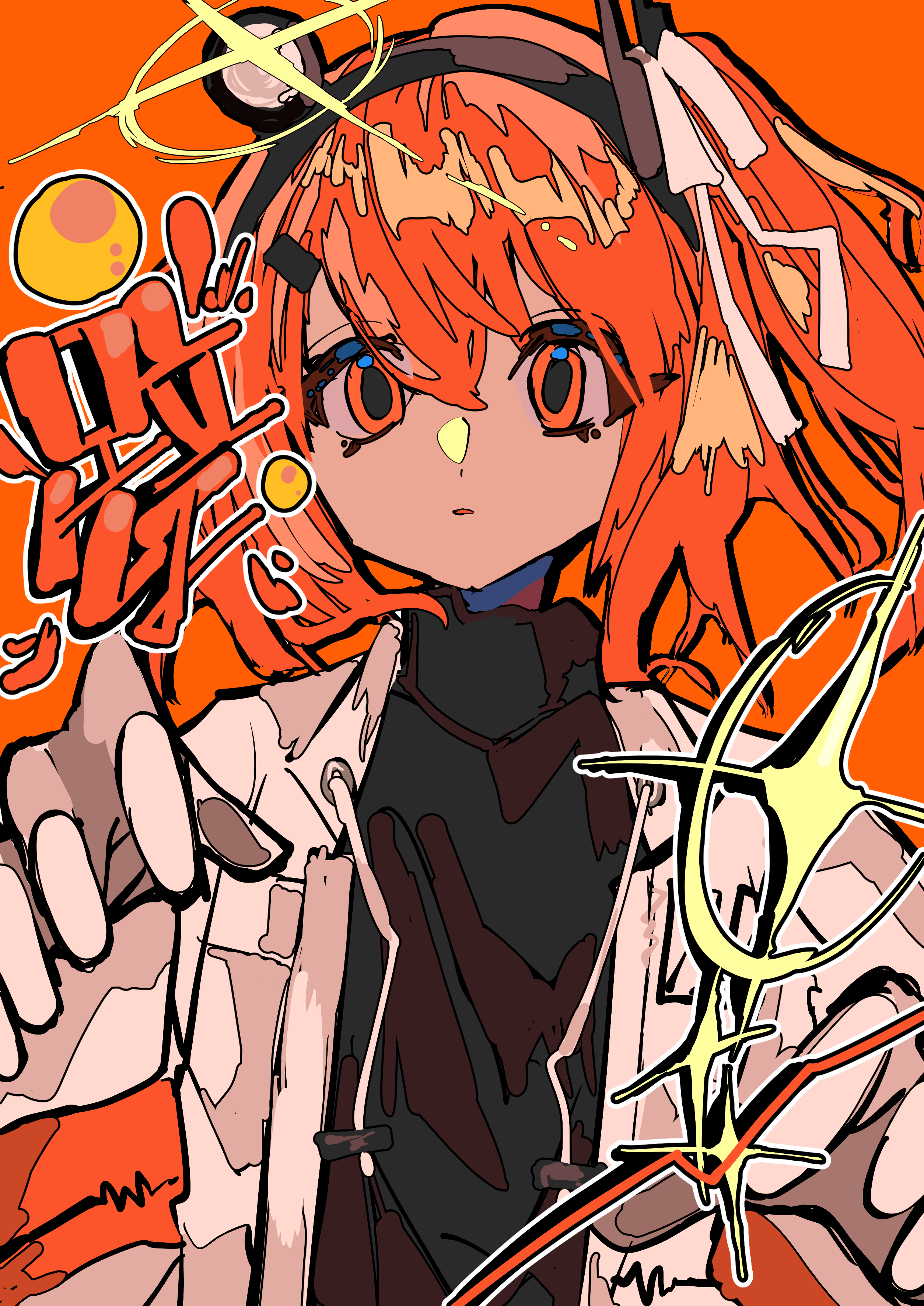 adachi rei, utau, absurdres, commentary request, highres, black shirt, headlamp, jacket, looking at viewer, o2gomori dayo, open clothes, open jacket, orange background, orange eyes, orange hair, shirt, upper body, white jacket