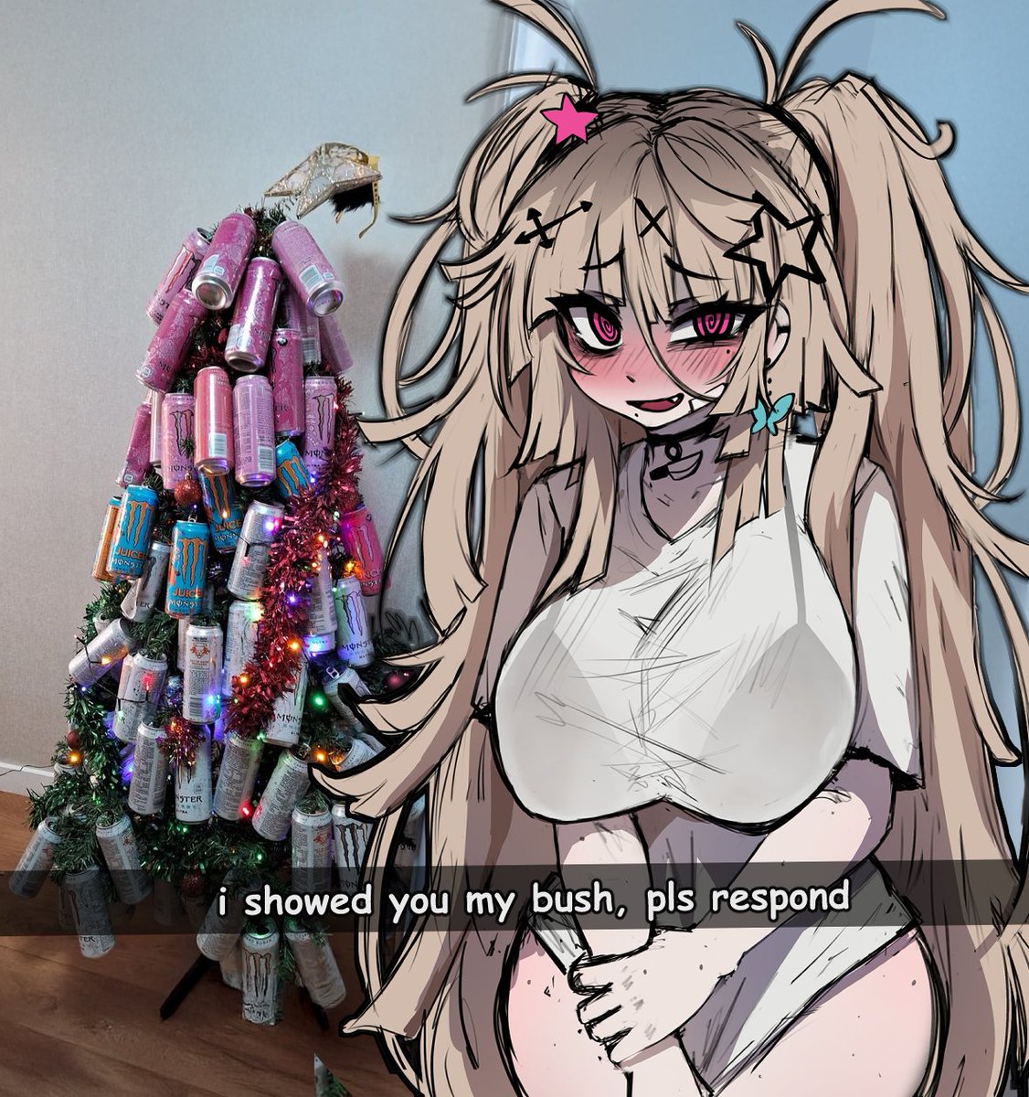 dokidomiki, miki (dokidomiki), original, commentary, english commentary, highres, 1girl, black choker, blonde hair, blush, bra visible through clothes, breasts, caption, choker, christmas tree, cowboy shot, english text, hair between eyes, hair ornament, indoors, large breasts, long hair, looking at viewer, messy hair, mole, mole under eye, open mouth, photo background, pink eyes, see-through clothes, see-through shirt, shirt, shirt tug, short sleeves, smile, solo, star (symbol), star hair ornament, uneven eyes, white shirt, x hair ornament