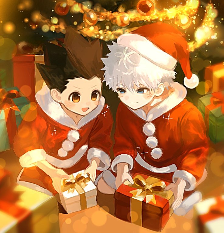 gon freecss, killua zoldyck, hunter x hunter, commentary, symbol-only commentary, 2boys, alternate costume, blue eyes, blush, box, brown eyes, brown hair, christmas, christmas ornaments, christmas tree, closed mouth, coat, gift, gift box, gold ribbon, hat, long sleeves, male focus, multiple boys, open mouth, oyasai ngate, red coat, ribbon, santa costume, santa hat, short hair, smile, spiked hair, tinsel, tree, white hair, white trim, widow's peak