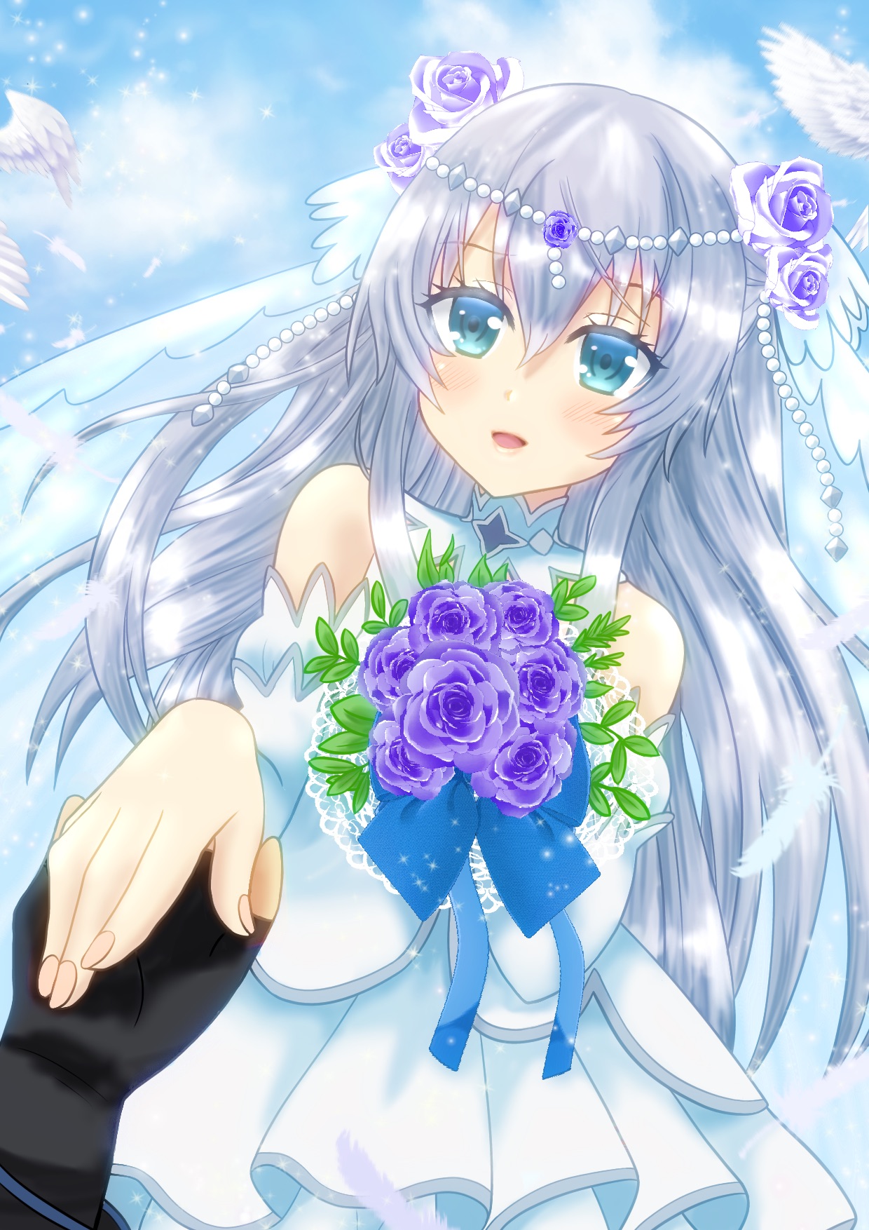 asukamama89, celia claire, rio (seirei gensouki), seirei gensouki, commentary request, highres, 1boy, 1girl, :d, blue eyes, blue flower, blush, bouquet, bridal veil, bride, detached collar, detached sleeves, dress, flower, gem, grey hair, hair between eyes, holding, holding bouquet, holding hands, layered dress, long hair, long sidelocks, off-shoulder dress, off shoulder, open mouth, pearl (gemstone), pov, pov hands, reaching, reaching towards viewer, sidelocks, smile, solo focus, veil, very long hair, very long sidelocks, wedding, wedding dress