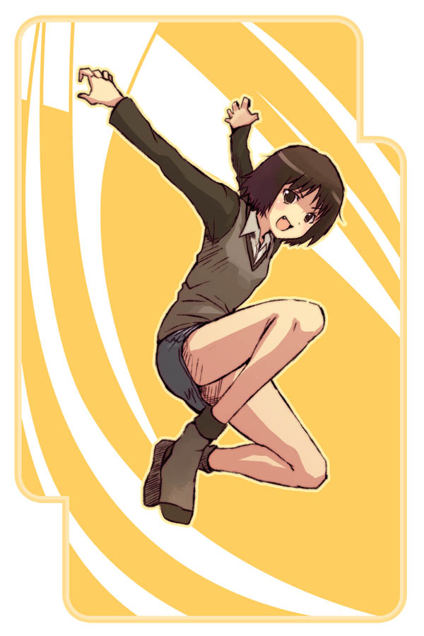 tamago, tamago (yotsumi works), tachibana miya, amagami, 1girl, female focus, jumping, skirt, socks, solo, sweater