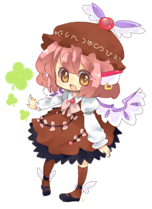 natsumi (natumi06), mystia lorelei, touhou, winged footwear, bad id, bad pixiv id, lowres, 1girl, animal ears, bow, chibi, clover, dress, earrings, female focus, four-leaf clover, full body, hair bow, happy, hat, jewelry, kneehighs, long sleeves, mary janes, open mouth, pink hair, ribbon, shoes, short hair, simple background, socks, solo, standing, wings, yellow eyes