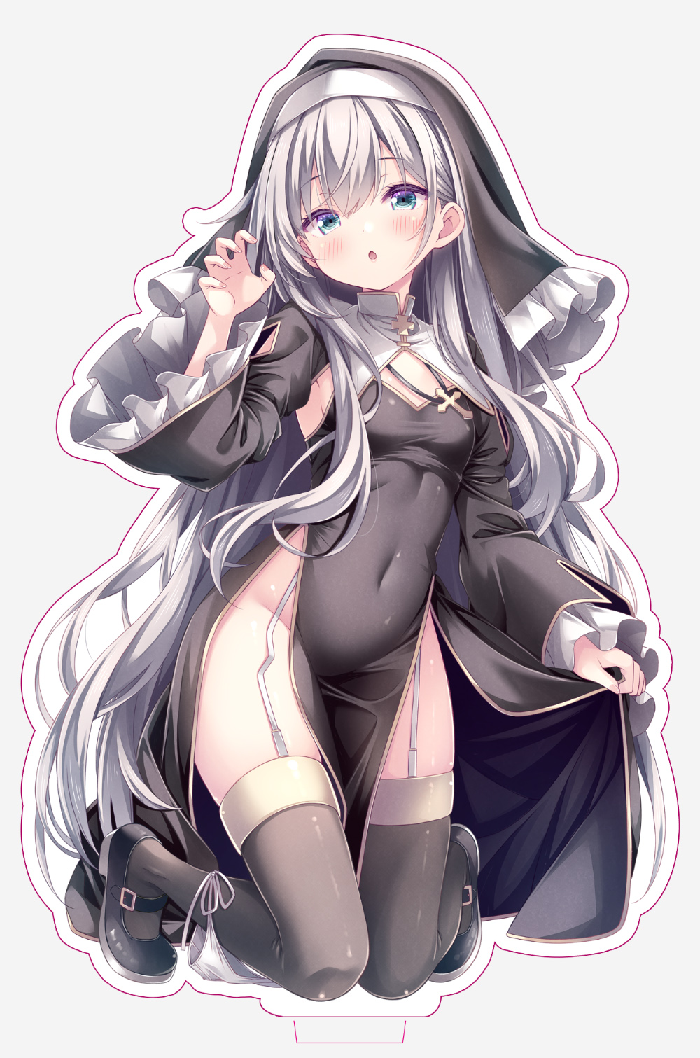 ryo (botugo), comiket 107, original, commentary request, highres, 1girl, bell, black dress, black shoes, black thighhighs, blue eyes, blush, breasts, claw pose, cross, dress, frilled sleeves, frills, full body, garter straps, grey background, grey hair, groin, hair between eyes, hand up, jingle bell, knees together feet apart, latin cross, nun, outline, panties, panties around leg, parted lips, pelvic curtain, shoes, side-tie panties, simple background, small breasts, solo, thighhighs, underwear, veil, white outline, white panties, wide sleeves