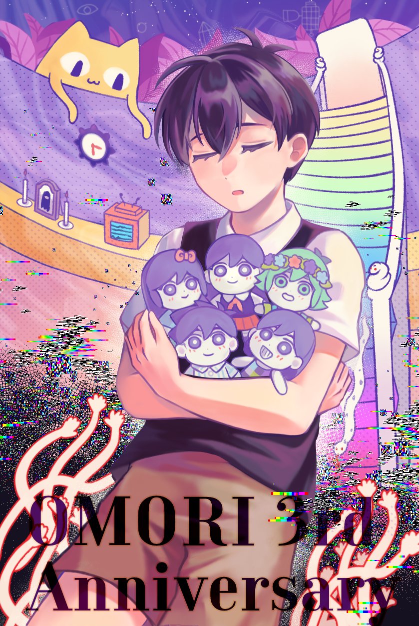 ssnowman0203, aubrey (headspace) (omori), aubrey (omori), basil (headspace) (omori), basil (omori), big yellow cat (omori), hero (headspace) (omori), hero (omori), kel (headspace) (omori), kel (omori), mari (headspace) (omori), mari (omori), sunny (omori), omori, commentary request, highres, 1boy, analog clock, anniversary, antenna hair, black hair, black sweater vest, brown shorts, candle, character doll, clock, closed eyes, collared shirt, copyright name, crossed arms, crt, doll, double-parted bangs, english text, glitch, hair between eyes, holding, holding stuffed toy, parted lips, railing, shirt, short hair, short sleeves, shorts, solo, stairs, stuffed animal, stuffed toy, sweater vest, wall clock, white shirt