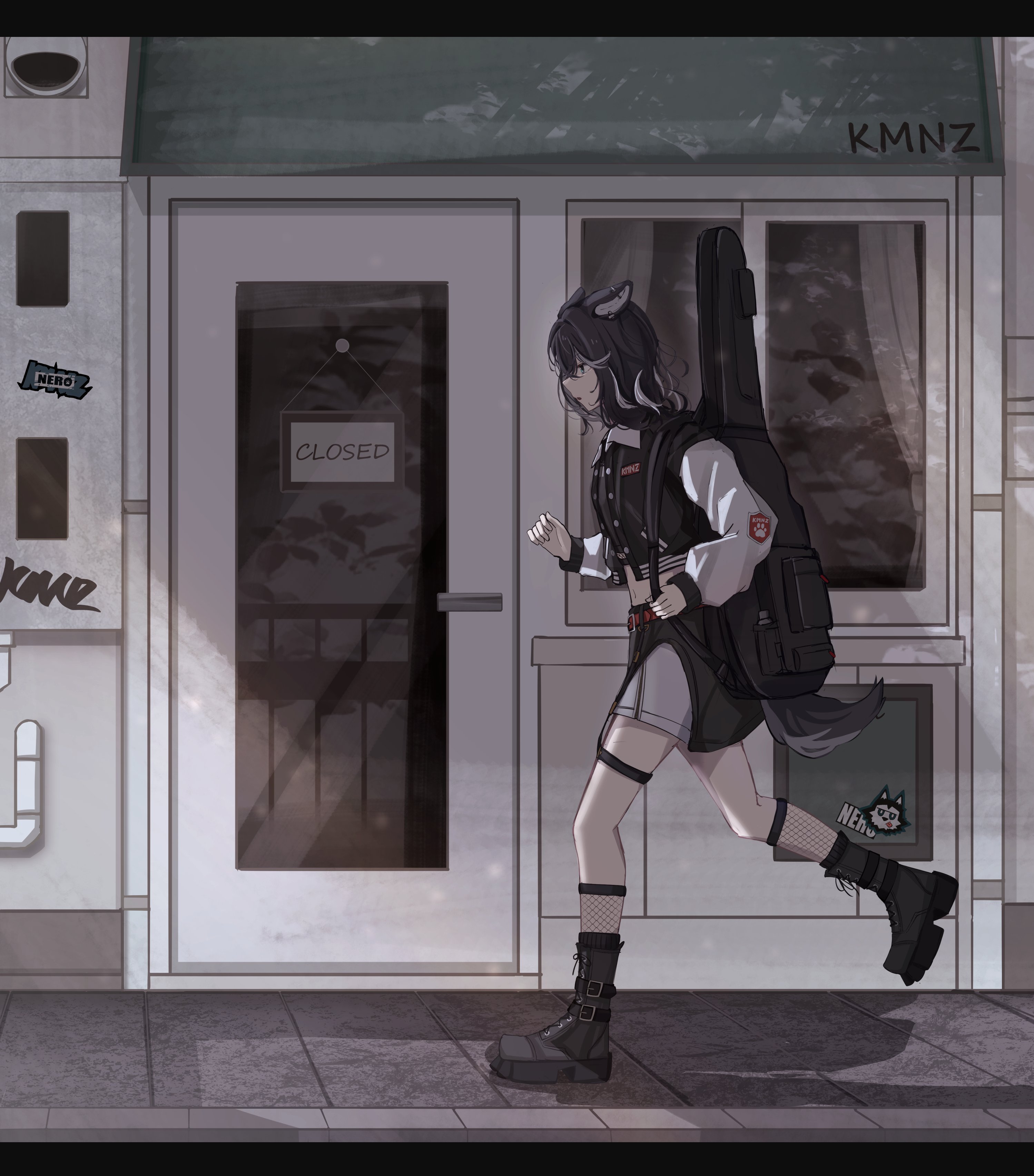 no name ver1, nero (kmnz), kmnz, absurdres, hashtag-only commentary, highres, 1girl, animal ear piercing, animal ears, black boots, black hair, black jacket, black shirt, blue eyes, boots, closed sign, dog ears, dog girl, door, fishnet socks, fishnets, from side, full body, guitar case, instrument case, jacket, long sleeves, medium hair, multicolored hair, open mouth, outdoors, running, shirt, sign, socks, solo, streaked hair, virtual youtuber