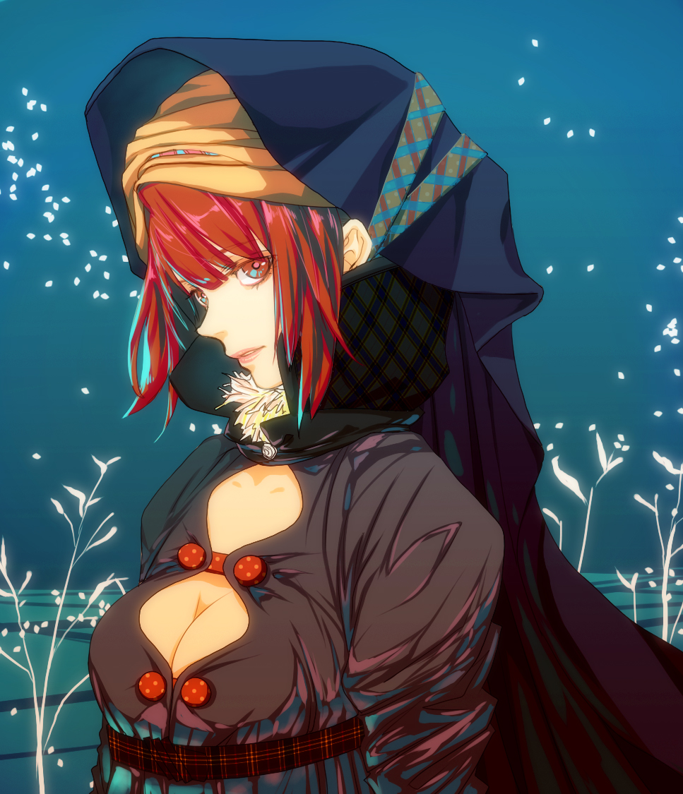 pico2 (artist), pico (minamivpico), original, bad id, bad pixiv id, 1girl, bandana, breasts, cleavage, female focus, hood, red eyes, red hair, solo