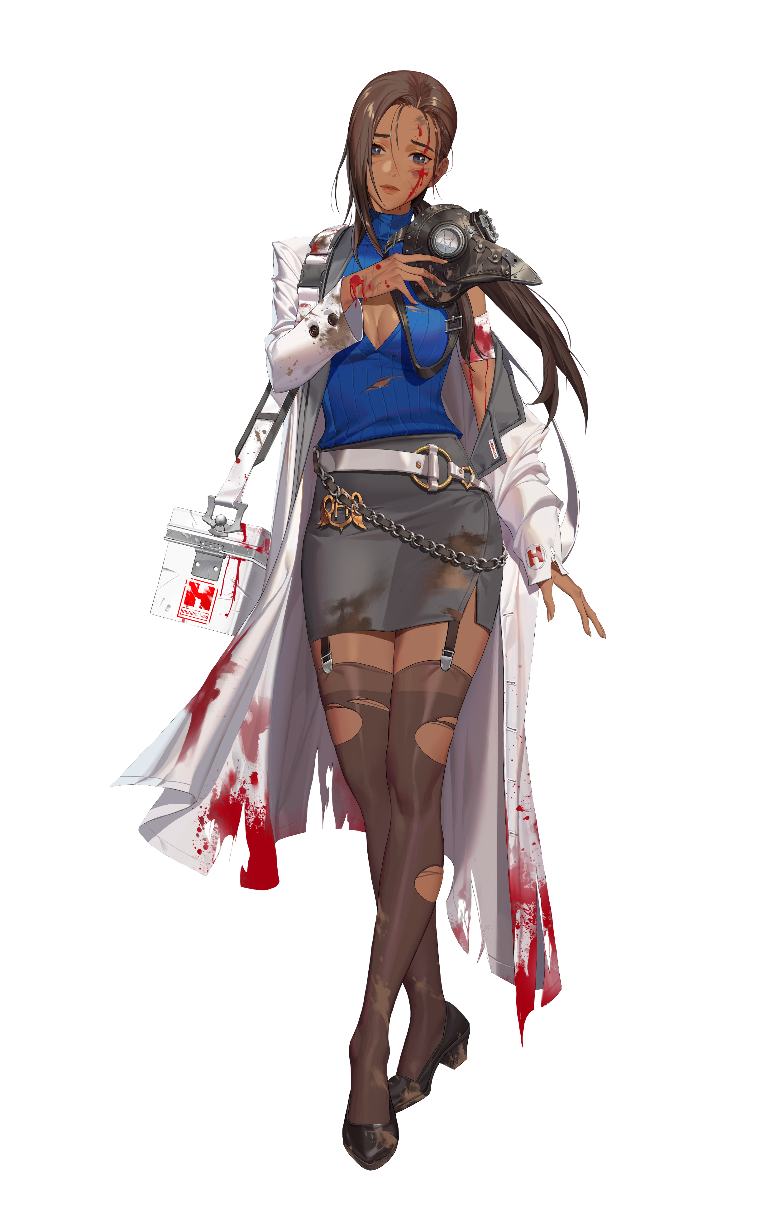 cathy huggins, black survival, absurdres, artist request, highres, official art, third-party source, 1girl, black shoes, blood, blood on clothes, blood on face, blue pupils, breasts, brown hair, cleavage, first aid kit, garter straps, gauze on arm, grey eyes, holding, holding unworn clothes, lab coat, mask, plague doctor mask, shoes, skirt, solo, thighhighs, torn clothes, torn coat, torn thighhighs, transparent background, unworn mask