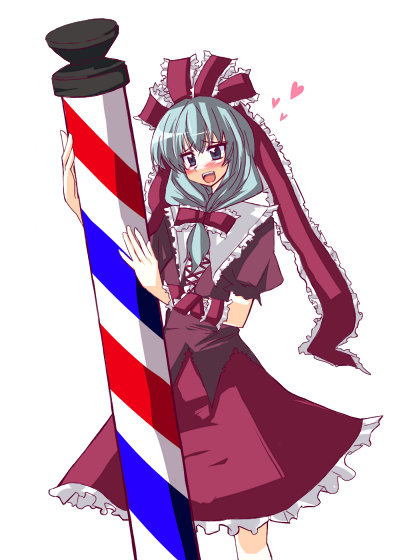 sai koro, kagiyama hina, touhou, 1girl, barber pole, blush, female focus, front ponytail, heart, ribbon, solo
