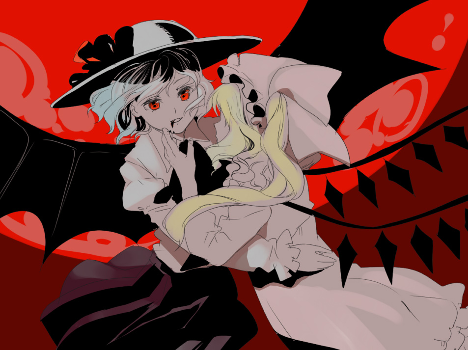 umishima senbon, flandre scarlet, remilia scarlet, touhou, bad id, bad pixiv id, 2girls, bat wings, blonde hair, blood, female focus, full moon, hat, hug, moon, multiple girls, red eyes, red moon, siblings, sisters, standing, wings