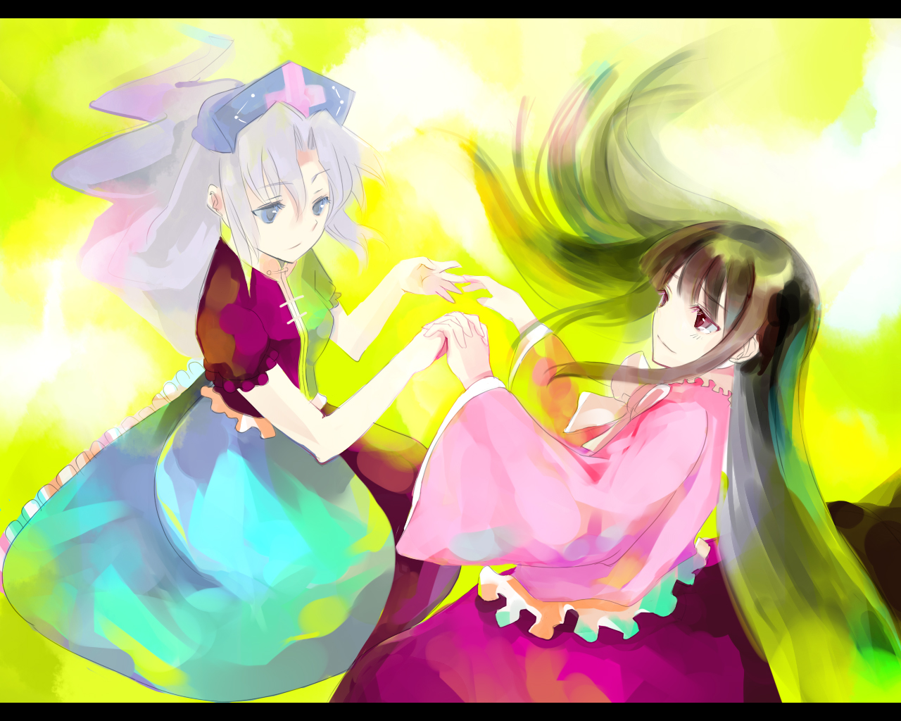 mosuke, houraisan kaguya, yagokoro eirin, touhou, painting (medium), traditional media, watercolor (medium), female focus, hat, letterboxed, long hair, sitting