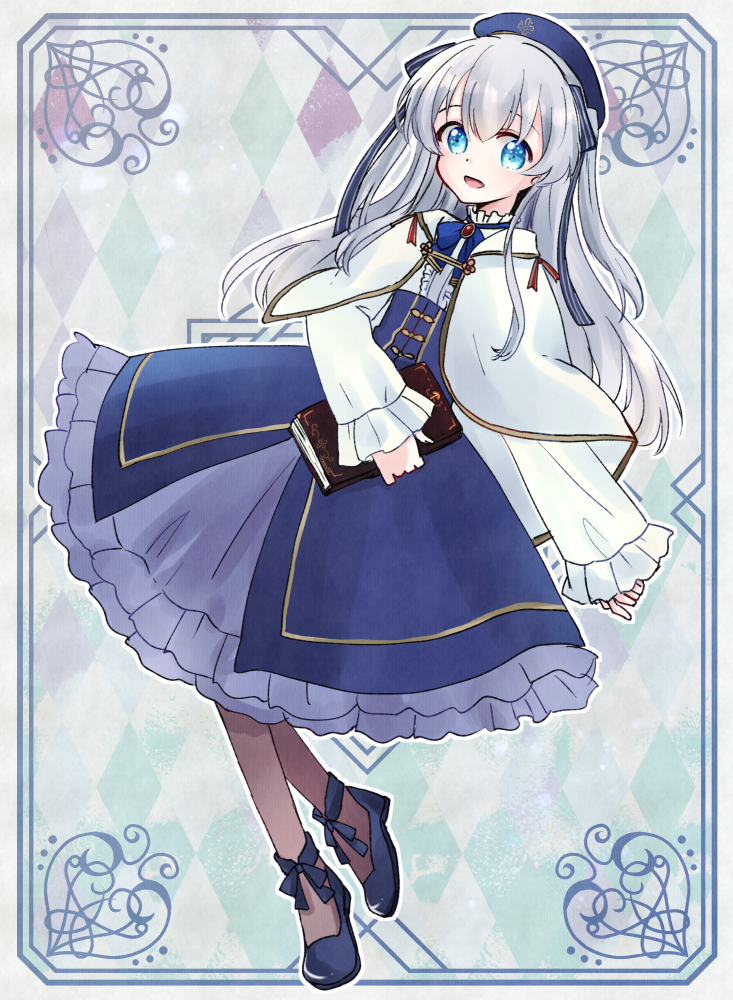 tonoca m, celia claire, seirei gensouki, commentary request, 1girl, blue bow, blue bowtie, blue dress, blue eyes, blue hat, blue shoes, book, bow, bowtie, brown pantyhose, cape, capelet, dress, frilled dress, frills, gem, grey hair, hat, hat ribbon, holding, holding book, layered dress, long hair, long sidelocks, pantyhose, red gemstone, ribbon, shoes, sidelocks, smile, solo, two side up, very long hair, very long sidelocks, white cape, white capelet