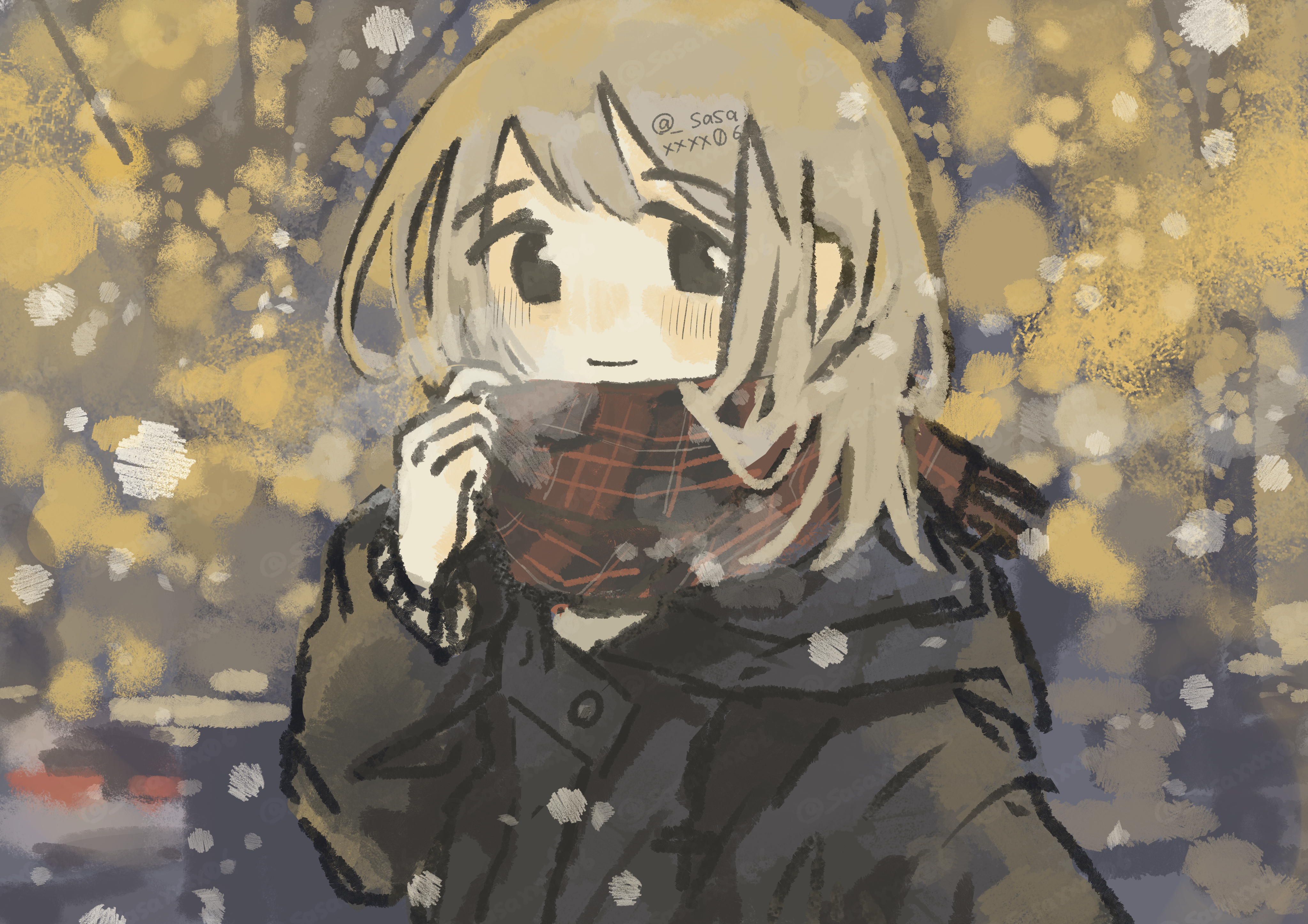 sasaxxxx06, original, absurdres, commentary request, highres, 1girl, blonde hair, closed mouth, grey jacket, jacket, long sleeves, looking at viewer, outdoors, plaid clothes, plaid scarf, scarf, snowing, solo, winter, winter clothes