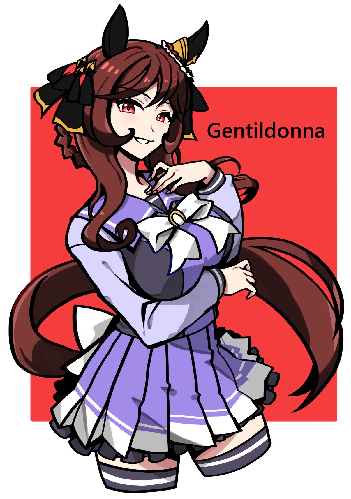 nagidori, gentildonna (umamusume), umamusume, commentary request, highres, 1girl, animal ears, bow, bowtie, braid, braided hair rings, breasts, brown hair, ear covers, ear ornament, hair between eyes, hair ornament, hair rings, heart-shaped ornament, heart ear ornament, horse ears, horse girl, horse tail, large breasts, long hair, looking at viewer, open mouth, pleated skirt, purple sailor collar, purple serafuku, purple shirt, purple skirt, purple thighhighs, red eyes, sailor collar, sailor shirt, school uniform, serafuku, shirt, skirt, smile, solo, tail, thighhighs, tracen school uniform, white bow, white bowtie