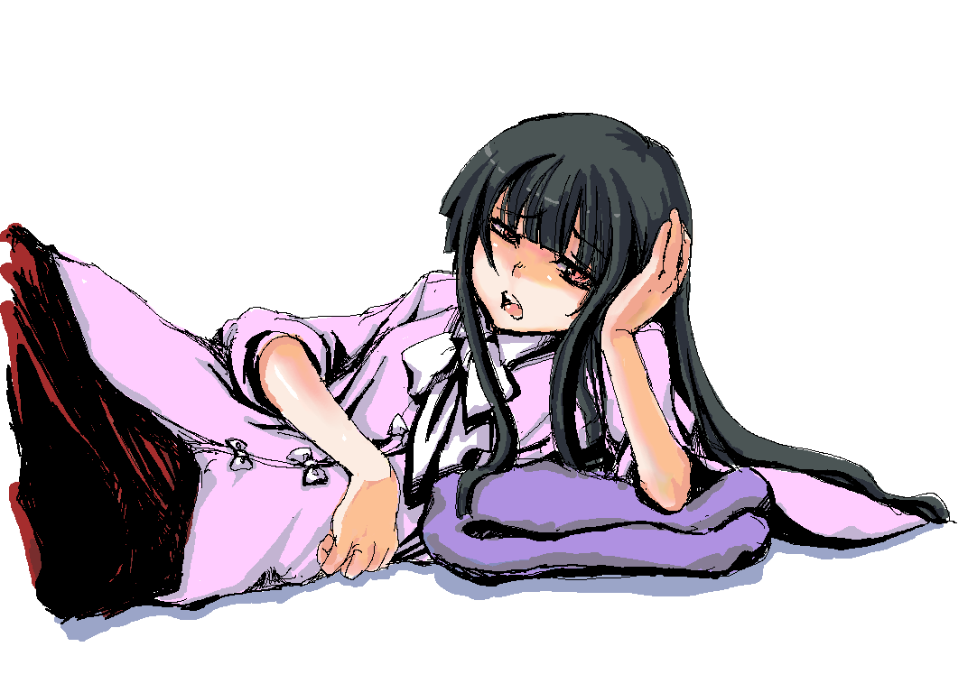 baku taso, houraisan kaguya, touhou, 1girl, black hair, female focus, long hair, lying, oekaki, on side, solo, white background