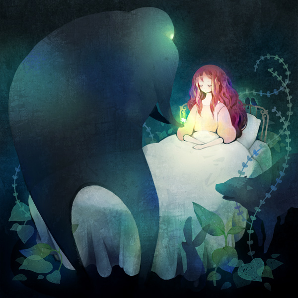 utacoco, bed, dark, glowing, leaf, long hair, monster, plant, rabbit, red hair, sitting, solo, under covers, very long hair, watercolors, wavy hair