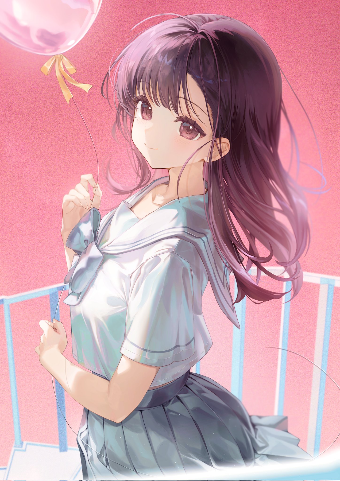 kagefumi, kashiki yuno, milgram, commentary, highres, symbol-only commentary, 1girl, balloon, bow, bowtie, brown eyes, brown hair, cowboy shot, from side, grey bow, grey bowtie, grey sailor collar, grey skirt, holding, holding balloon, light blush, light smile, long hair, looking at viewer, looking to the side, mole, mole under eye, pink background, pleated skirt, railing, sailor collar, sailor shirt, shirt, shirt tucked in, short sleeves, skirt, solo, white shirt