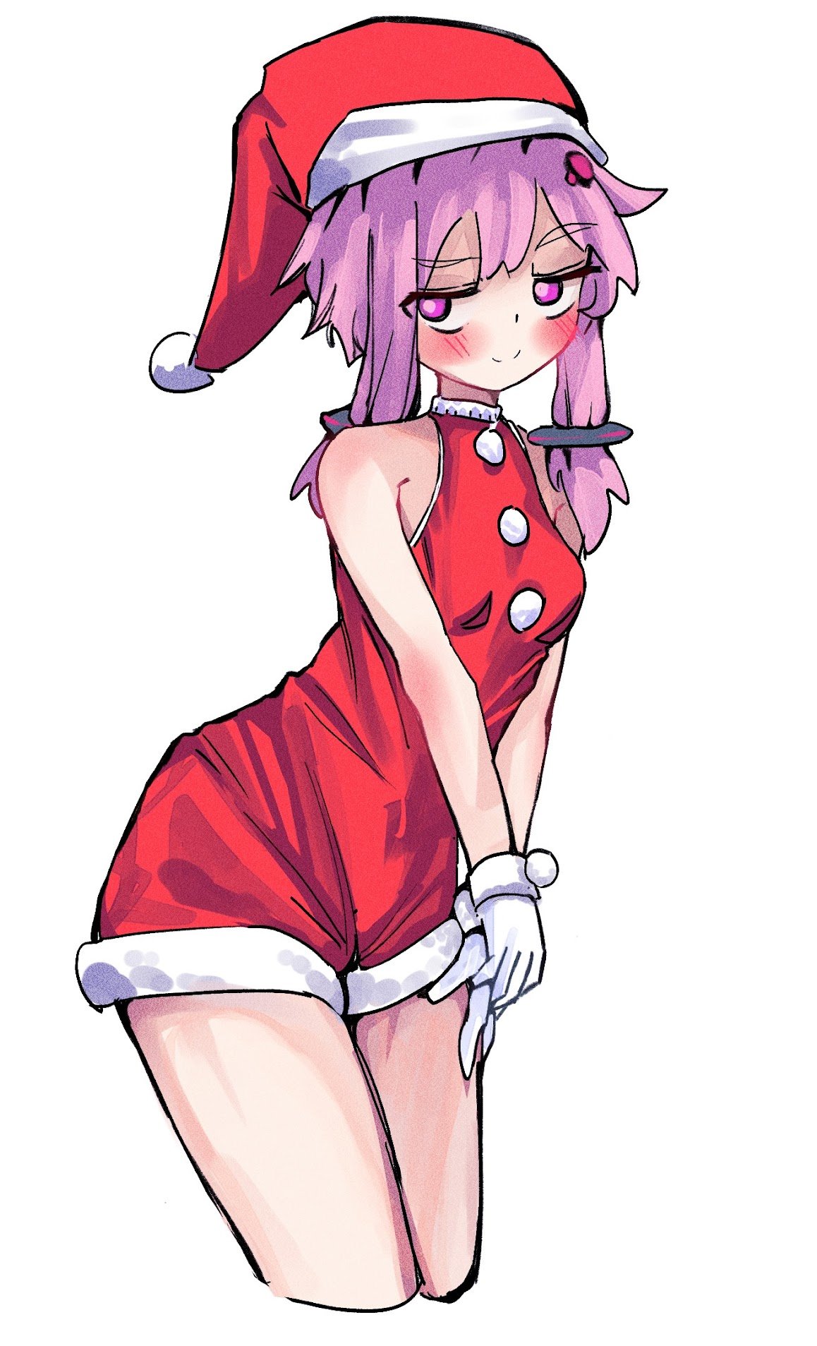 kyuu (que 9), yuzuki yukari, vocaloid, voiceroid, commentary request, highres, 1girl, alternate costume, bare shoulders, blush, breasts, christmas, closed mouth, cowboy shot, cropped legs, dot nose, dress, fur-trimmed dress, fur-trimmed headwear, fur trim, gloves, hair ornament, halter dress, halterneck, hat, long hair, looking at viewer, pom pom (clothes), purple eyes, purple hair, red dress, santa costume, santa hat, short dress, short hair with long locks, sidelocks, simple background, sleeveless, sleeveless dress, small breasts, smile, solo, standing, white background, white gloves