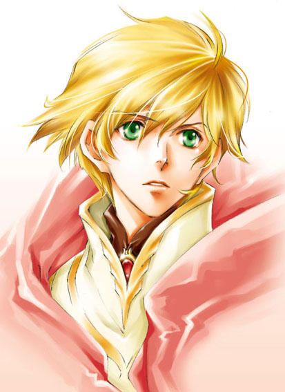 hiiragi yuki (escape club), jomy marquis shin, toward the terra, looking away, 1boy, blonde hair, brooch, cloak, green eyes, high collar, jewelry, male focus, parted lips, simple background, solo, upper body, white background