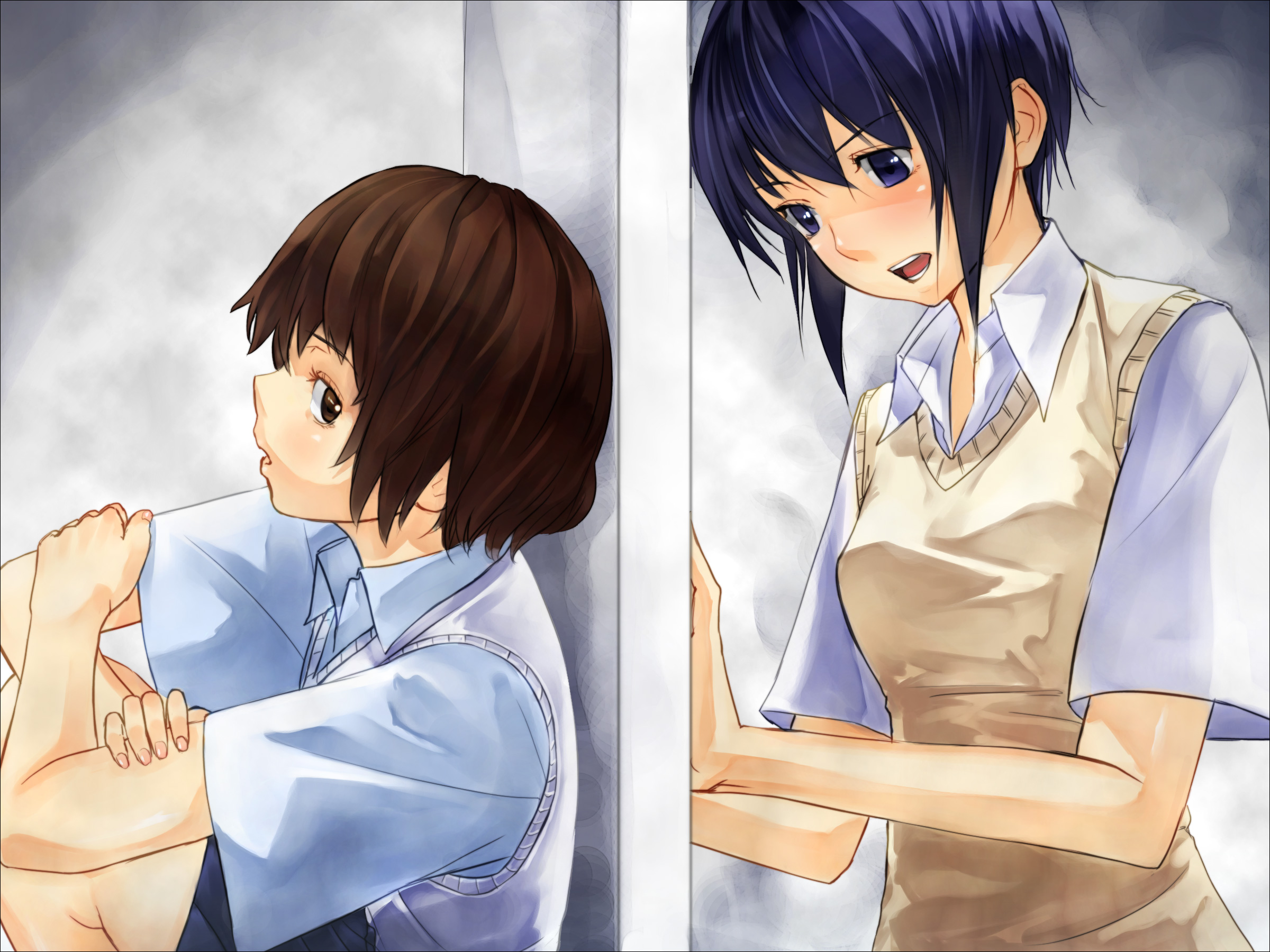 yui 7, original, highres, 2girls, blue eyes, brown eyes, brown hair, crossed arms, multiple girls, open mouth, school uniform, short hair, sweater vest