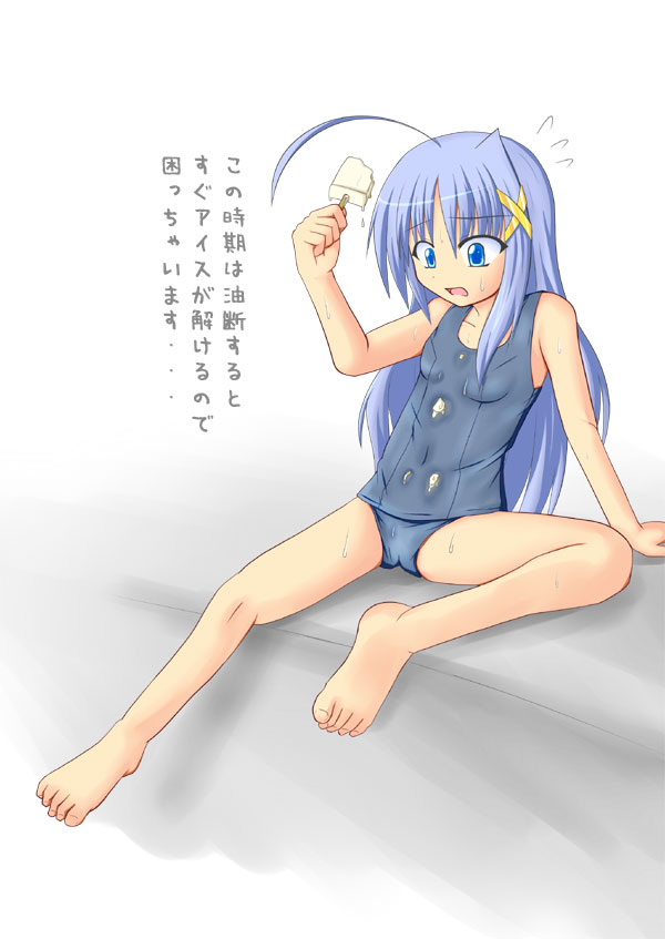 yuuki shougo, reinforce zwei, lyrical nanoha, mahou shoujo lyrical nanoha, mahou shoujo lyrical nanoha strikers, translation request, 00s, 1girl, ahoge, barefoot, blue eyes, blue hair, feet, female focus, food, hair ornament, matching hair/eyes, one-piece swimsuit, popsicle, school swimsuit, solo, swimsuit, x hair ornament