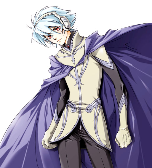 hiiragi yuki (escape club), soldier blue, toward the terra, 1boy, albino, cape, headphones, male focus, red eyes, solo, white hair