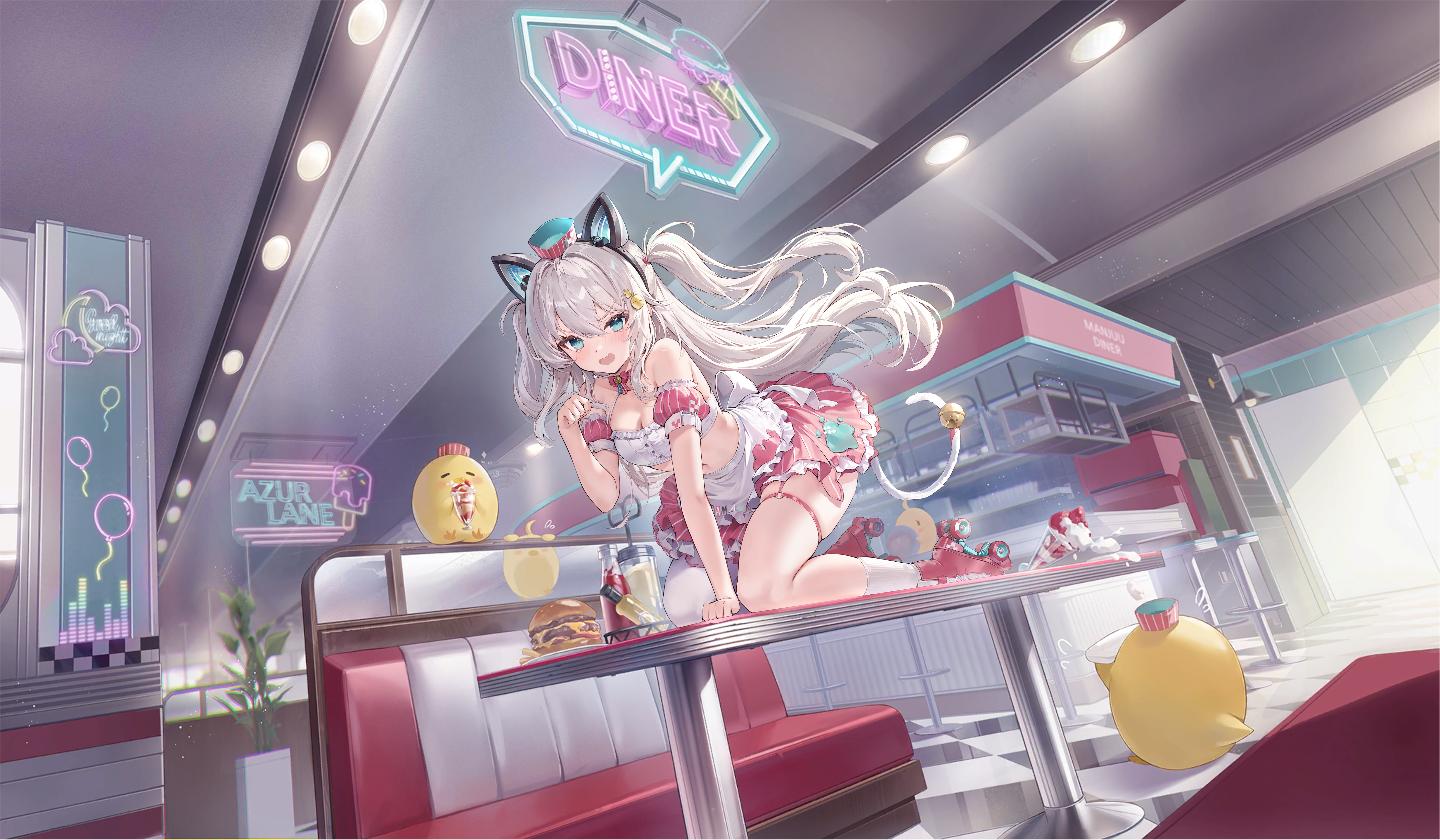 hammann (azur lane), hammann ii (azur lane), manjuu (azur lane), azur lane, absurdres, highres, non-web source, official art, 1girl, all fours, animal ears, apron, asymmetrical legwear, bare shoulders, blue eyes, breasts, cat ears, cat tail, detached collar, detached sleeves, fake animal ears, frilled apron, frills, full body, grey hair, hair ornament, hammann ii (hammann's scrumptious spells) (azur lane), hat, indoors, looking at viewer, medium breasts, midriff, mini hat, navel, official alternate costume, open mouth, paw pose, red shoes, red skirt, roller skates, shoes, single sock, single thighhigh, skates, skindentation, skirt, smile, socks, solo, strapless, tail, thigh strap, thighhighs, tube top, two side up, waitress, white apron, white socks, white thighhighs